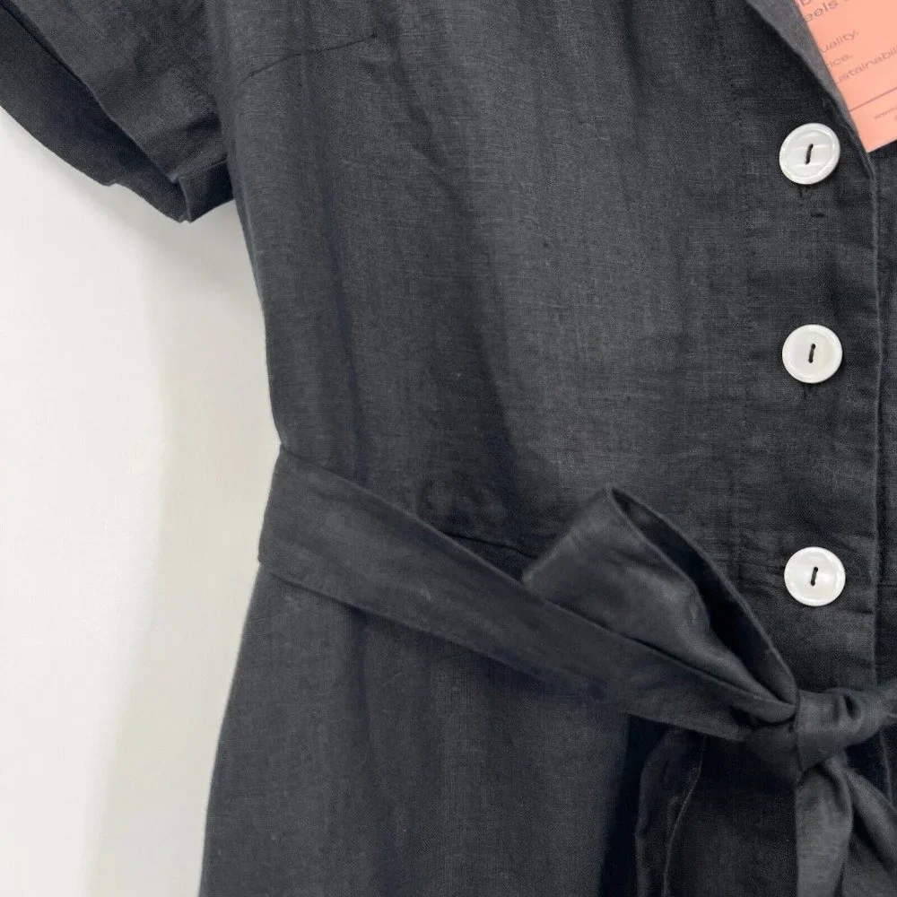 Quince Women's Black Linen Button Front Dress sz M Midi A-Line Belt Short Sleeve - Picture 4 of 9